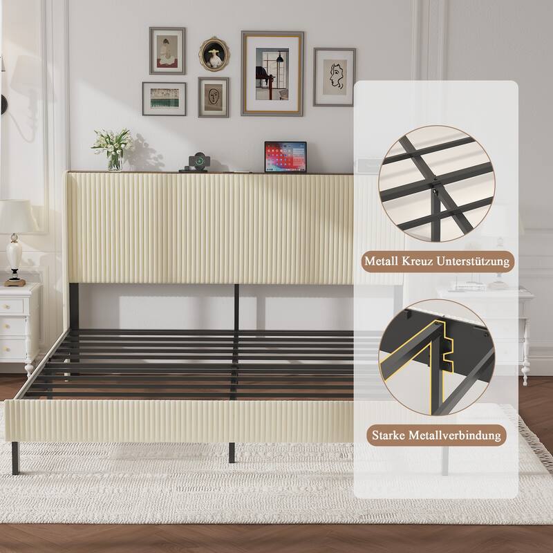 Roomfitters Metal Platform Bed Frame with Charging Station, Heavy Duty Mattress Foundation, No Box Spring Needed, Beige