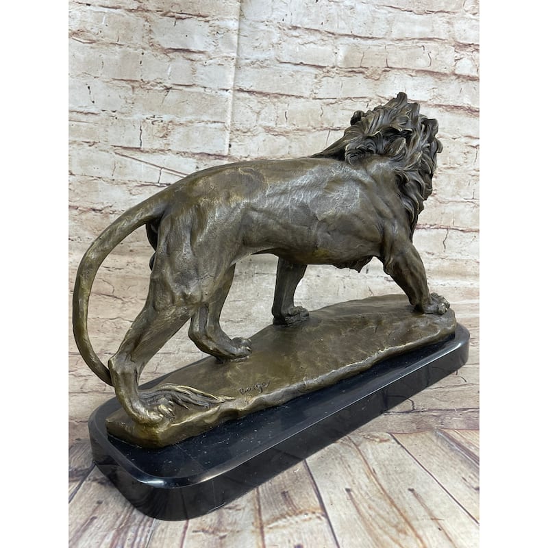 Lion Bronze Sculpture Statue Figure Handmade Art By Antoine Barye On Marble Base