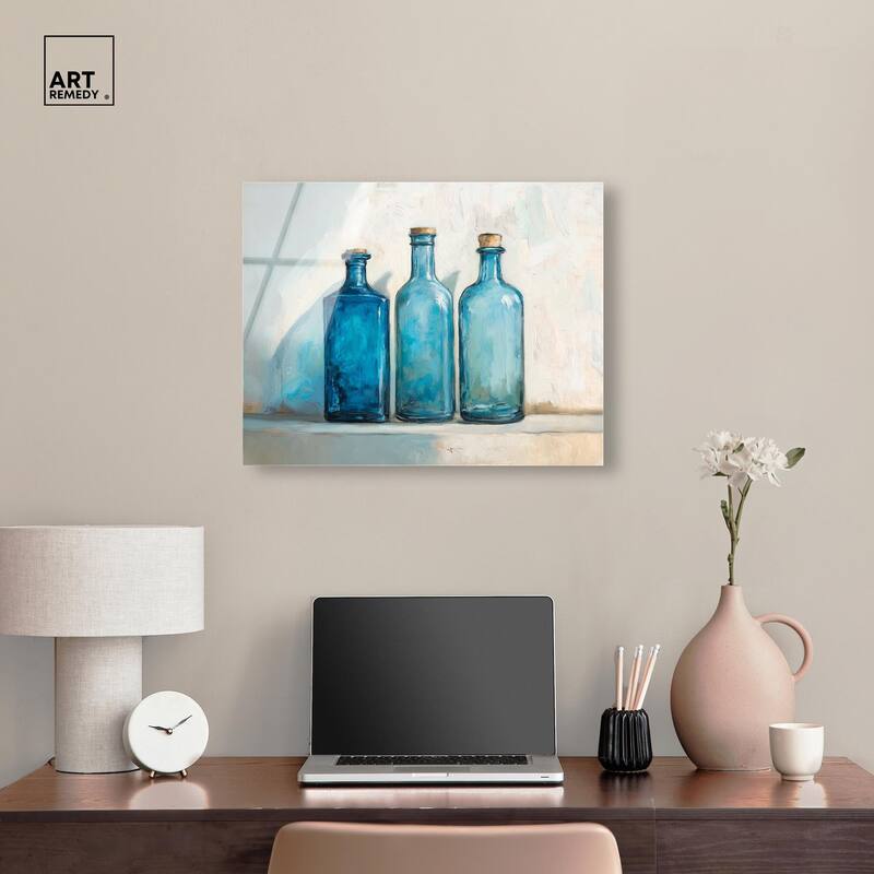 Three Blue Bottles Acrylic by Art Remedy, Ready to Hang
