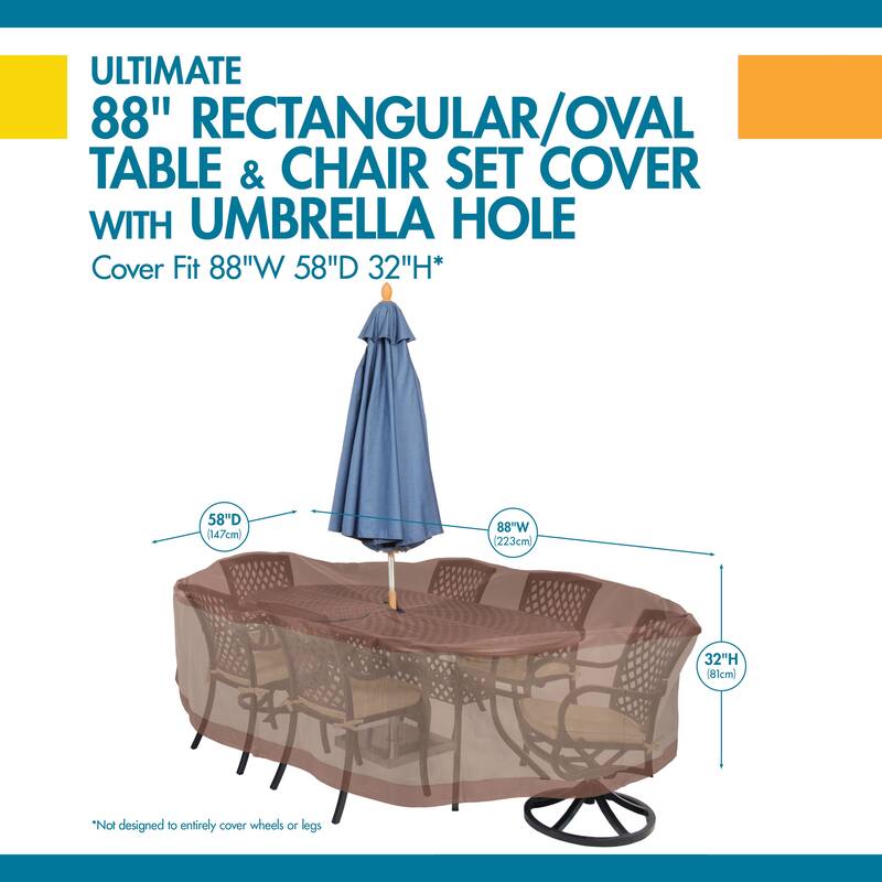 Duck Covers Ultimate Waterproof 88 Inch Rectangular/Oval Patio Table & Chair Set Cover with Umbrella Hole