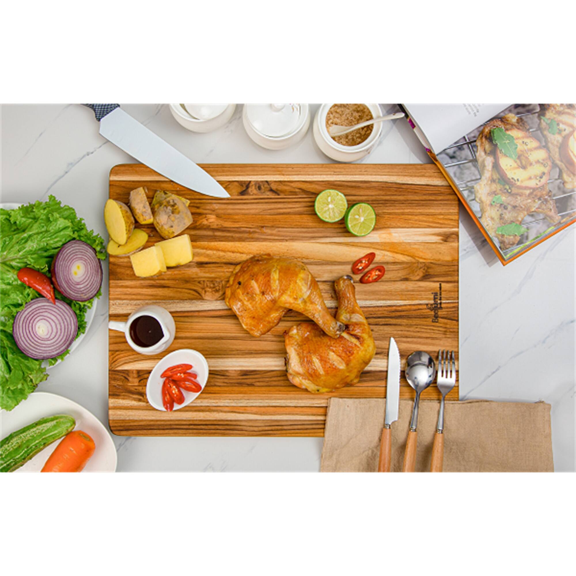 5 Pcs Cutting Chopping Board 18in Durable Teak Wood with Juice Groove