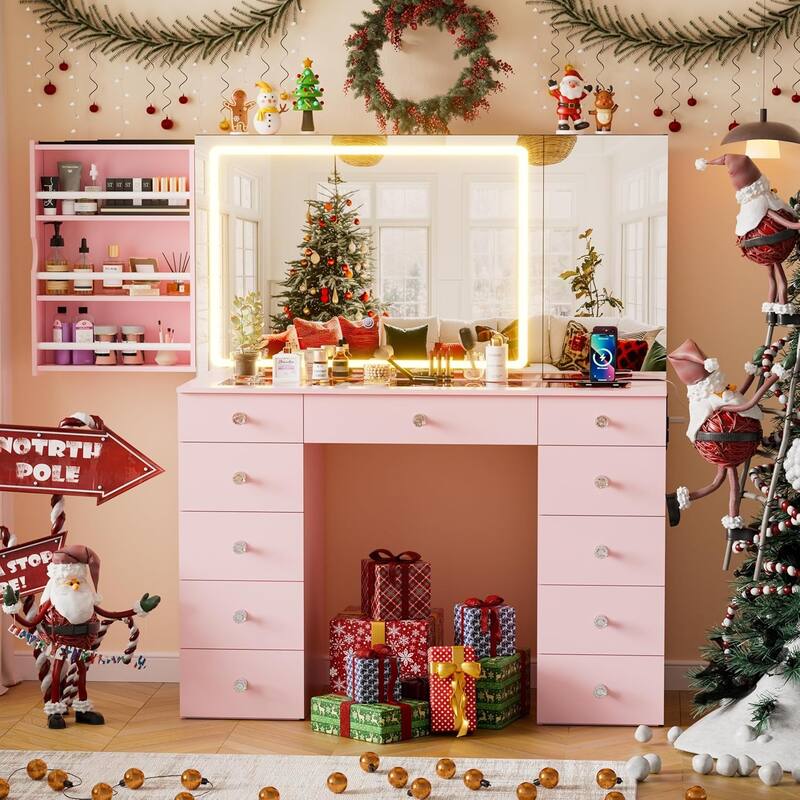 PAKASEPT Vanity Set with Lighted Mirror, Large Vanity Desk with Charging Station - Pink