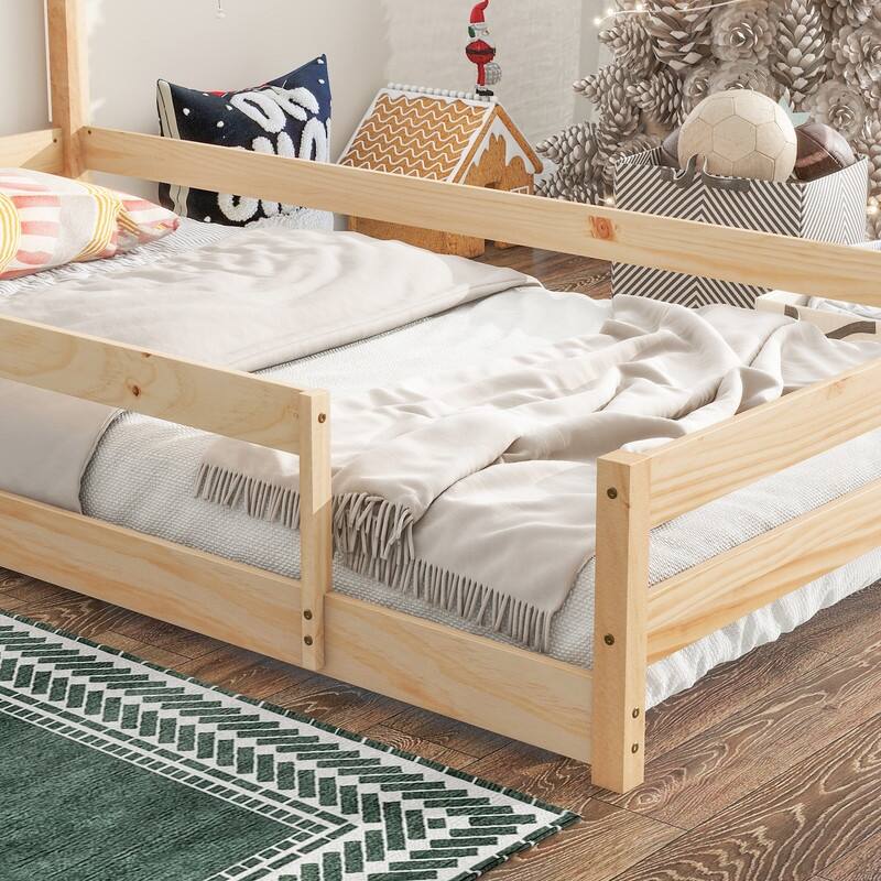 Natural Twin Size Wood Bed w/ Houseshaped Headboard, Floor Bed