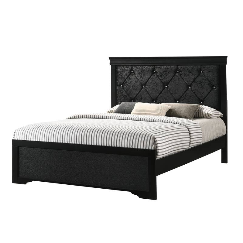 Modern Black Full Size Panel Bed with Upholstered Headboard and Crystal-Like Button Tufting