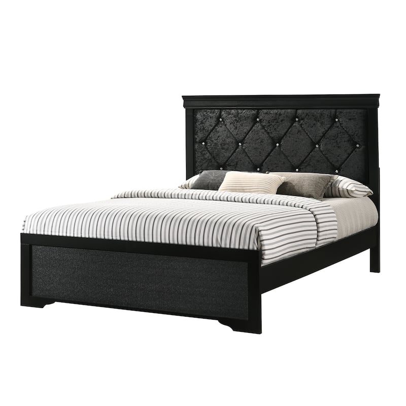Modern Black Queen Panel Bed with Upholstered Headboard