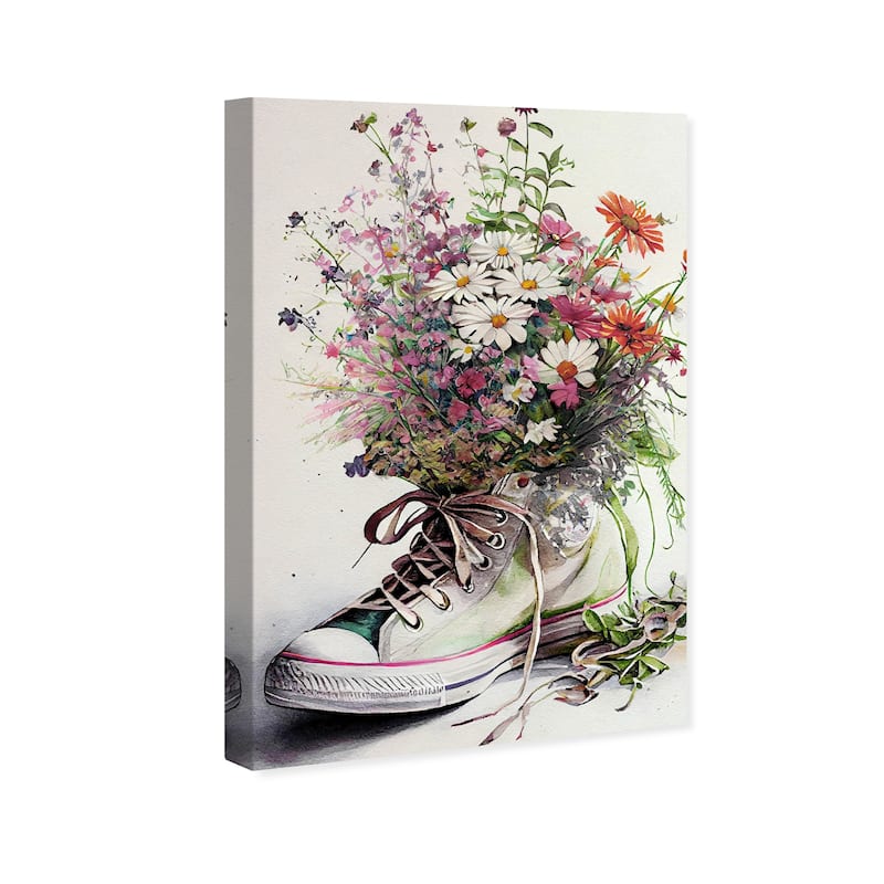 Wynwood Studio Fashion and Glam White Chucks and Flowers White and Farmhouse Wall Art Canvas Print