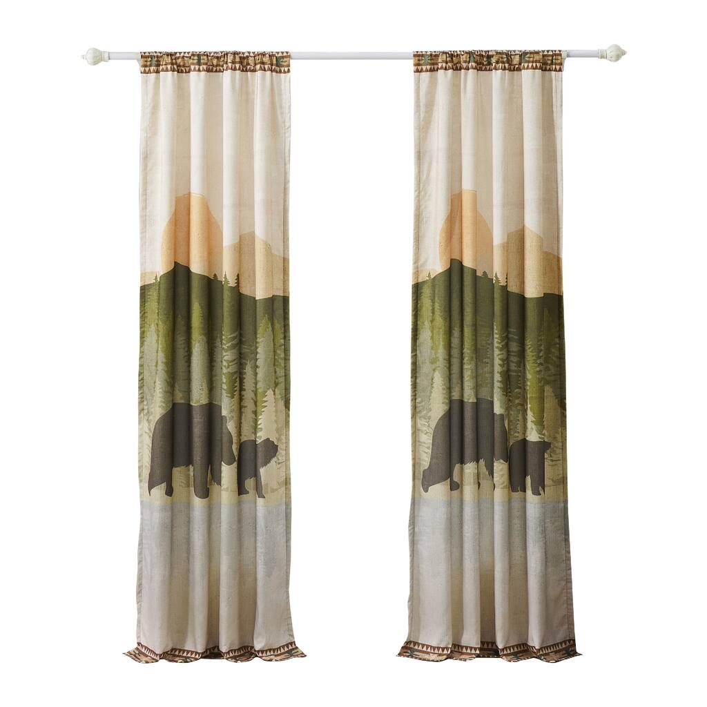 Kip 2 Panels Curtain Set, Microfiber, Green and Beige Mountain Scenery
