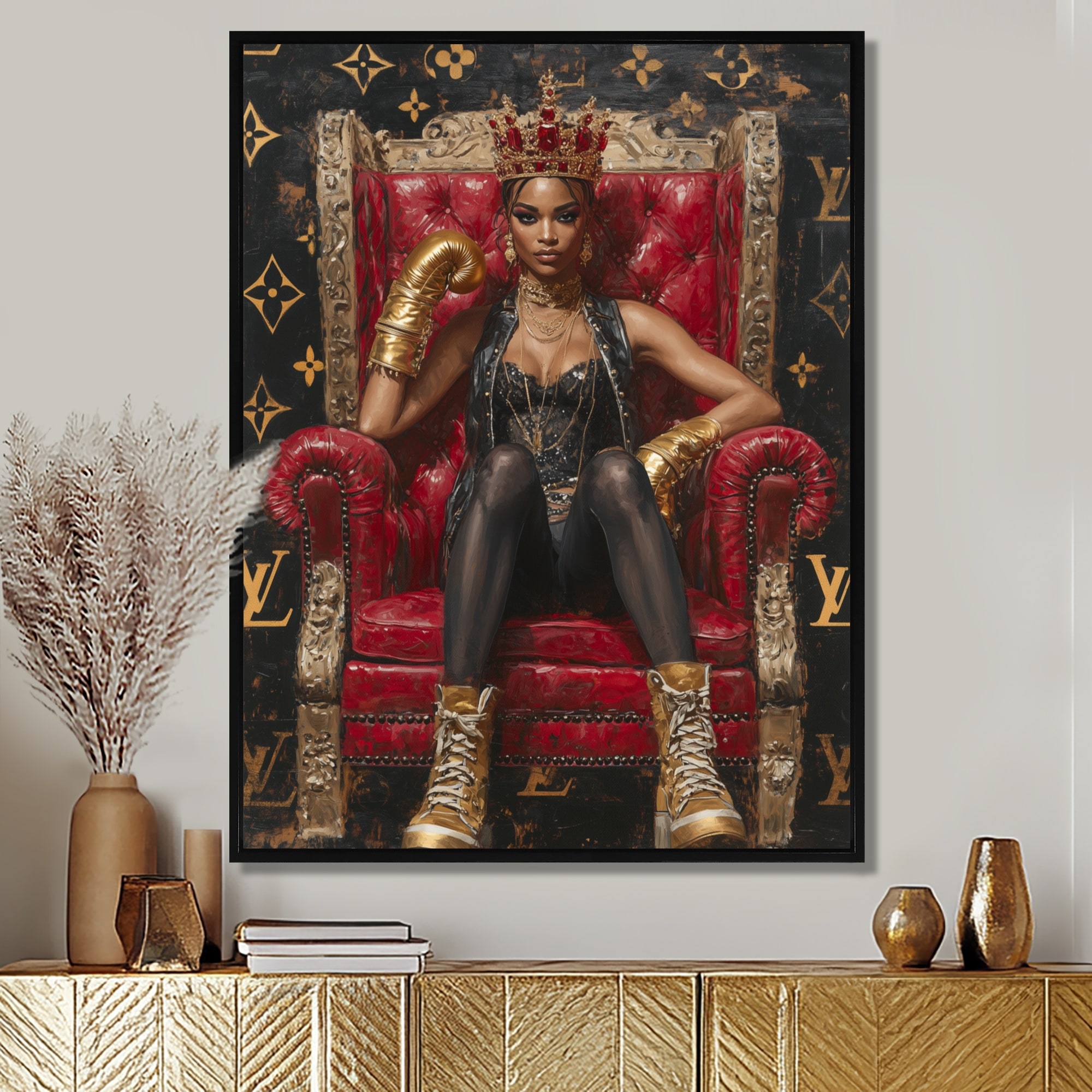 Designart "Don'T Mess With Me Boxing Babe In Gold" Fashion Girl Power Framed Canvas Wall Art - Glam Wall Decor Art