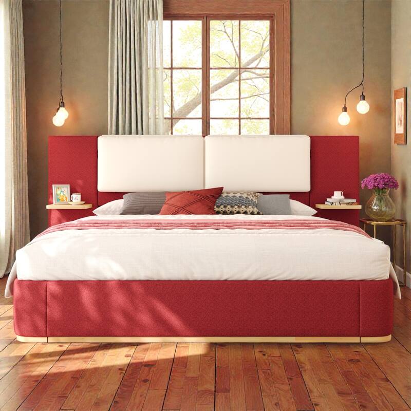 Upholstered Platform Bed Frame with Side Storage Panels, Soft Rounded Corners, Cushioned Headboard & No Box Spring Needed