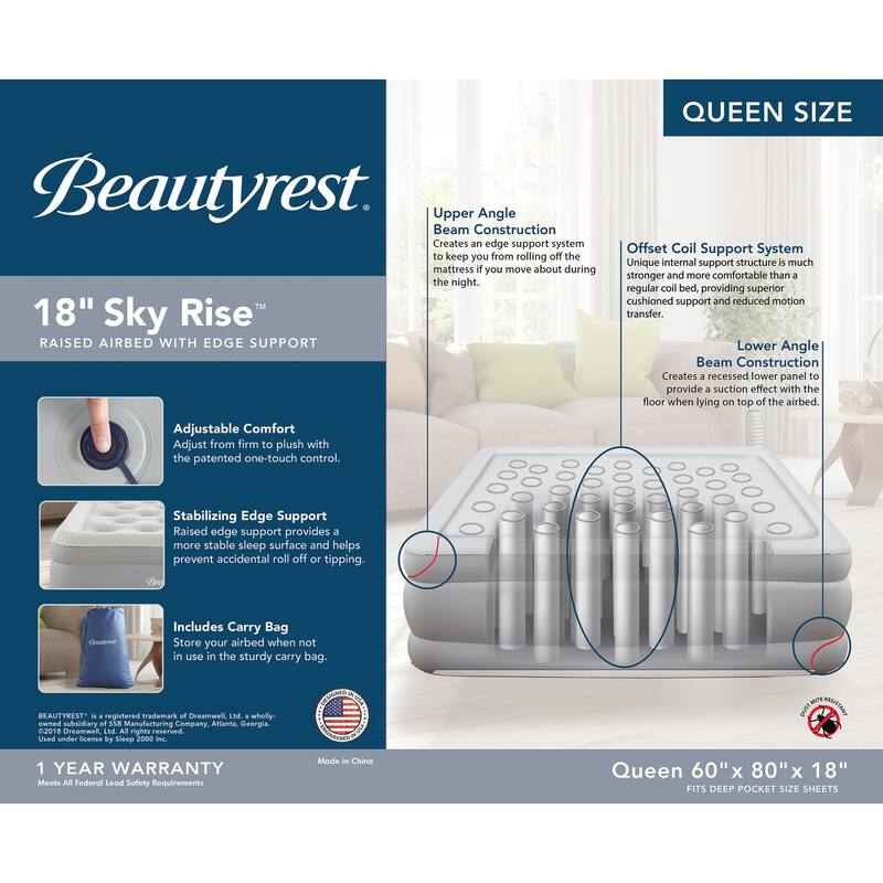 Beautyrest Sky Rise Raised Air Mattress with External Pump - Inflatable Bed with Edge Support, Puncture-Resistant Vinyl
