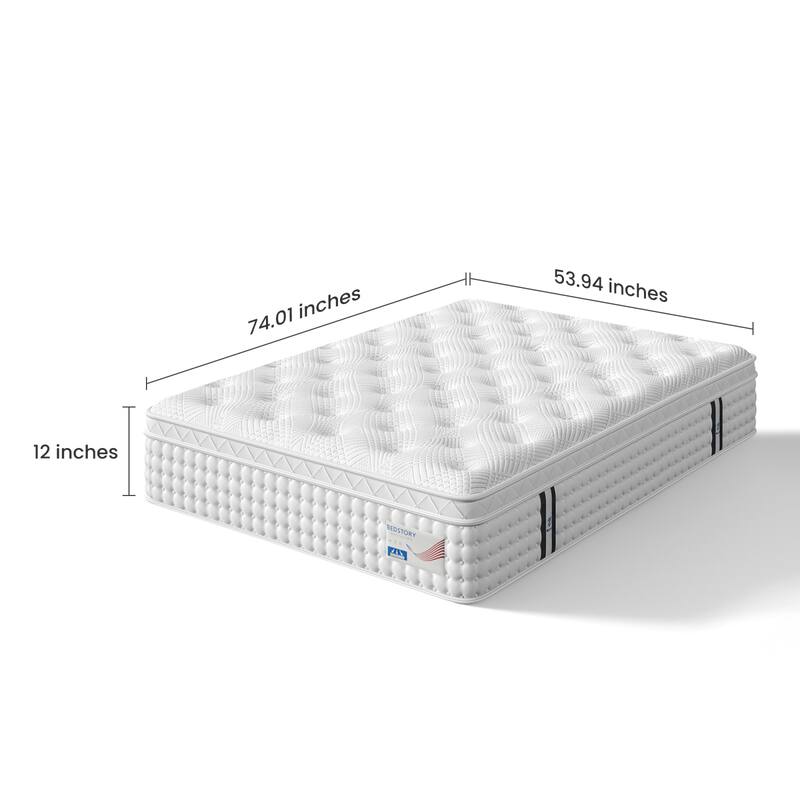 Roomfitters 12 Inch Full/Queen Hybrid Mattress, Euro Top Memory Foam and Pocket Spring Bed for Spine Support, Medium Firm, White