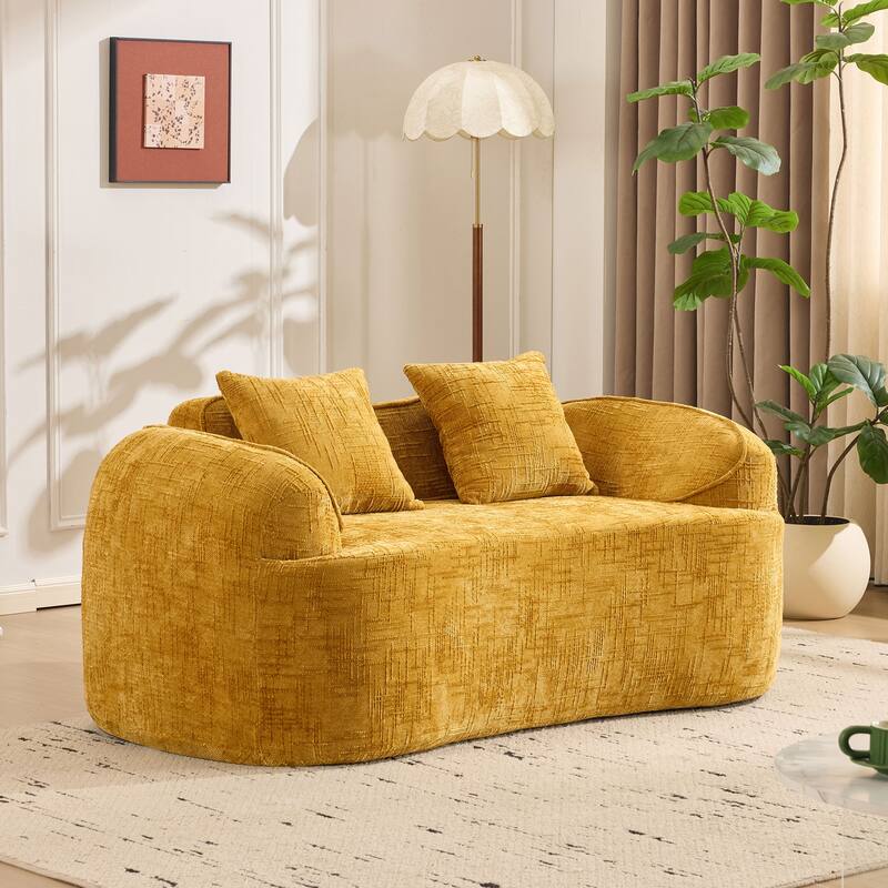 Curved 2 person compress sofa. It has armrests on both sides, comes with two pillows,is suitable for small - sized apartments