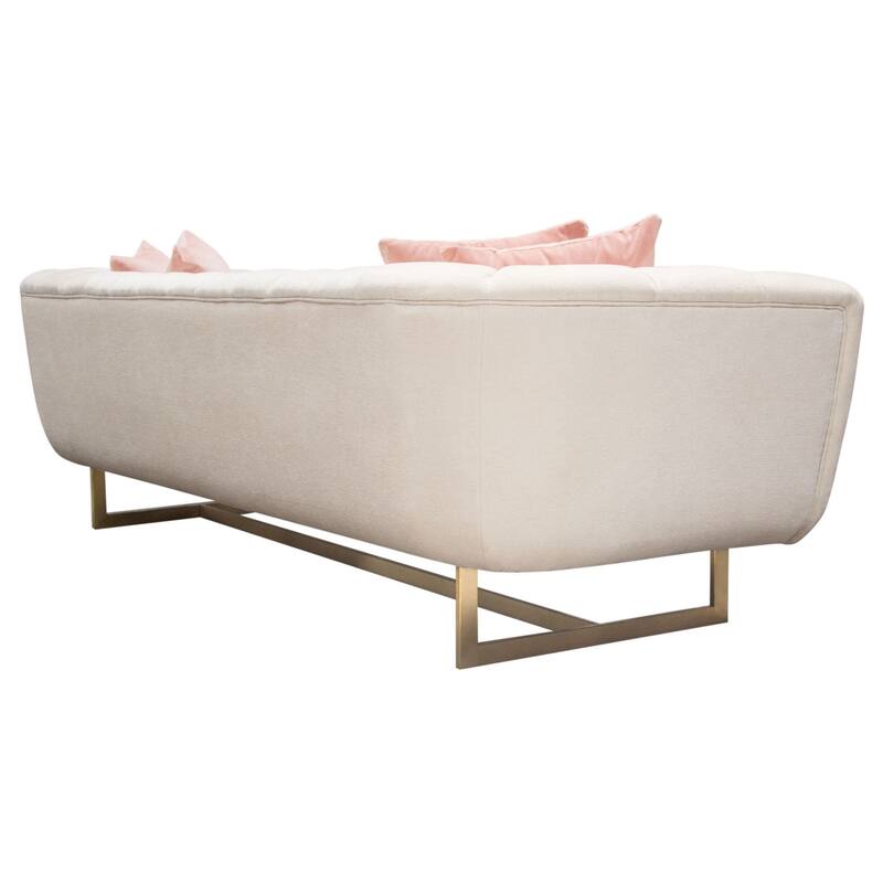 Eva Sofa with 4 Pink Accent Pillows, Cream and Gold Metal Base 98 Inch