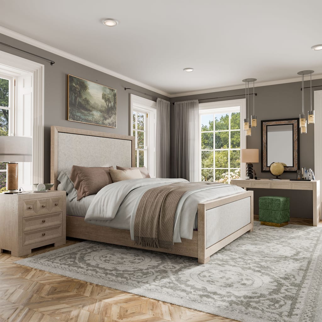 Furniture of America Durem II Modern 4-Piece Solid Wood Tawny Panel Bed with Desk and 2 Nightstand Set