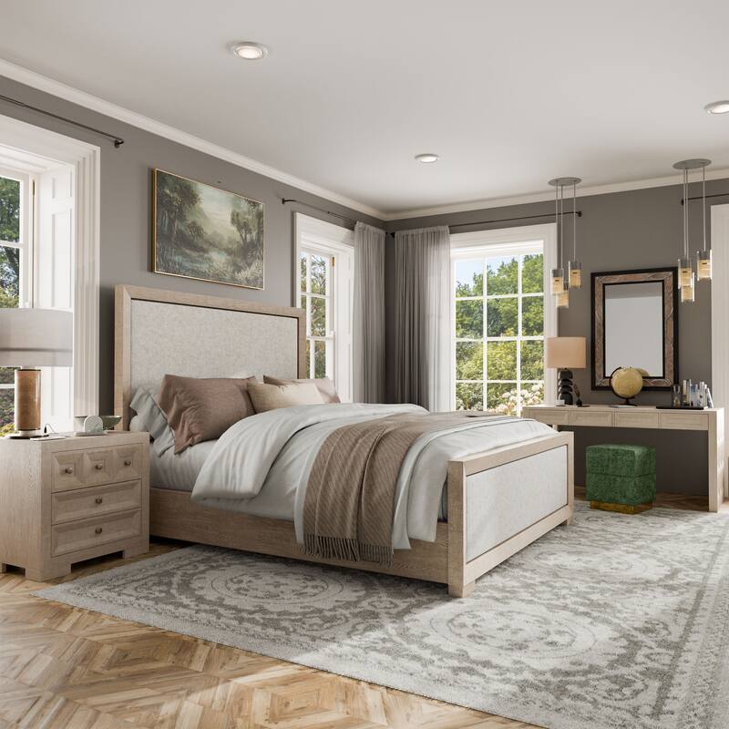 Furniture of America Durem II Modern 4-Piece Solid Wood Tawny Panel Bed with Desk and 2 Nightstand Set - Queen