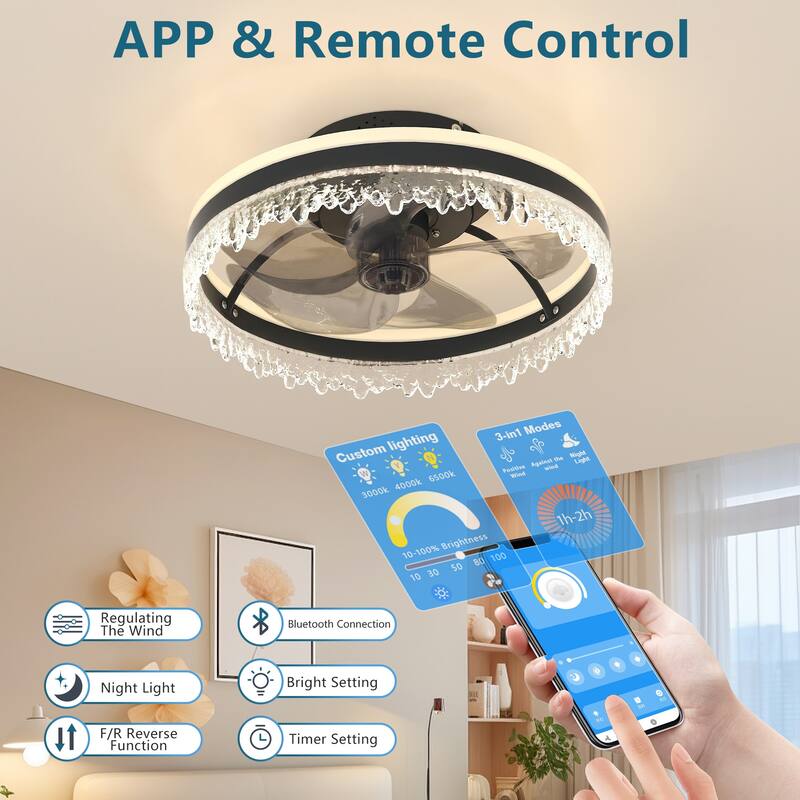 Modern LED Ceiling Fan with Light - 16" Dimmable Ceiling Light with Invisible Blades and Crystal Design, Remote Control - Black