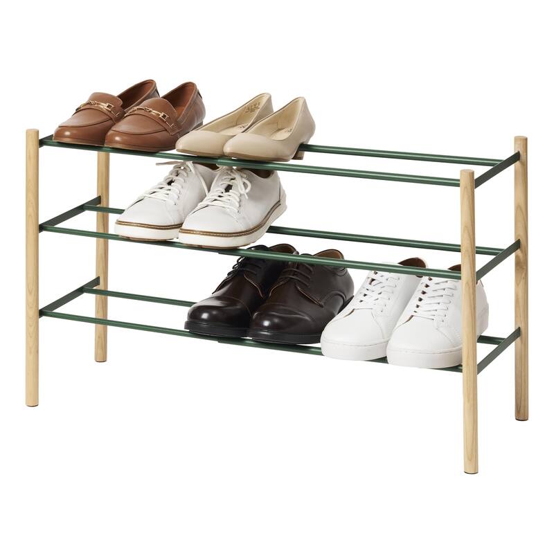Yamazaki Home Expandable Shoe Rack, Steel, Holds 12 to 16 shoes, Holds 19.8 lbs, Expandable - L 9.84 x W 16.14 x H  17.91 inches - Forest Green