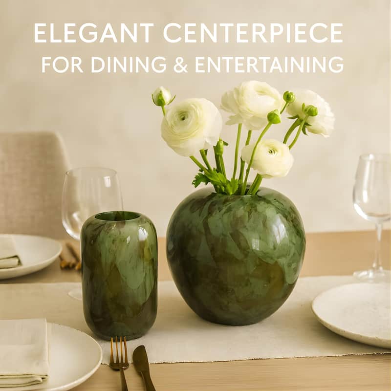 Aria Home Green Handblown Round Glass Vases Set of Two with Abstract Design