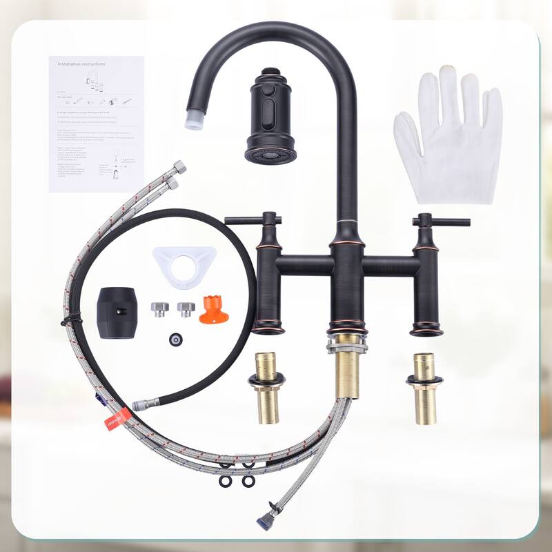 WOWOW Double Handle Pull Down Sprayer Bridge Kitchen Faucet