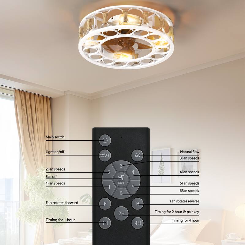 20 in. Indoor Caged Ceiling Fan with Lights Remote Control 6 Blades, Low Profile Flush Mount Ceiling Fan,4 LED Bulbs Include