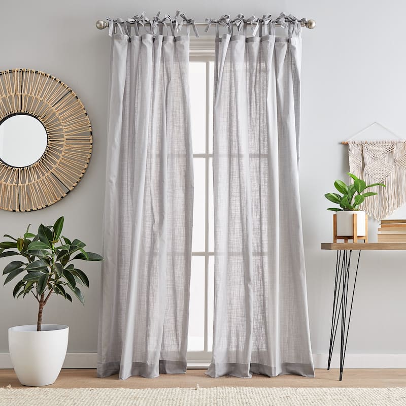 100% Cotton Sheer Tie Tab Curtain Panel Pair - 95-Inch - 95 Inches - Silver