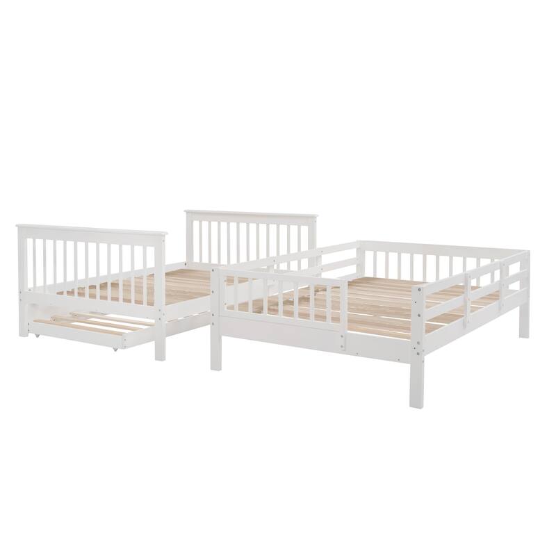 Full-Over-Full Bunk Bed with Twin Trundle, Storage, Guard Rail, White