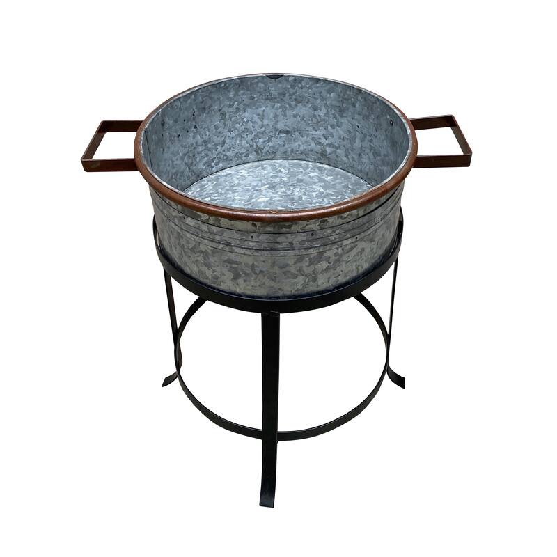 21, 18, and 16 Inch 3 Piece Round Tub Metal Planter Set with Stand in Galvanized Gray and Black Iron