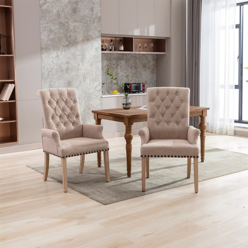 Fabric Upholstered High Back Arm Dining Chair with Oak Wood Legs