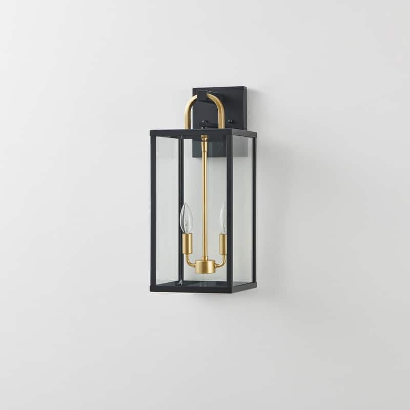 KAWOTI 2-Light Black & Gold Outdoor Lantern Wall Light - W8.25" x H20" x D9.5"