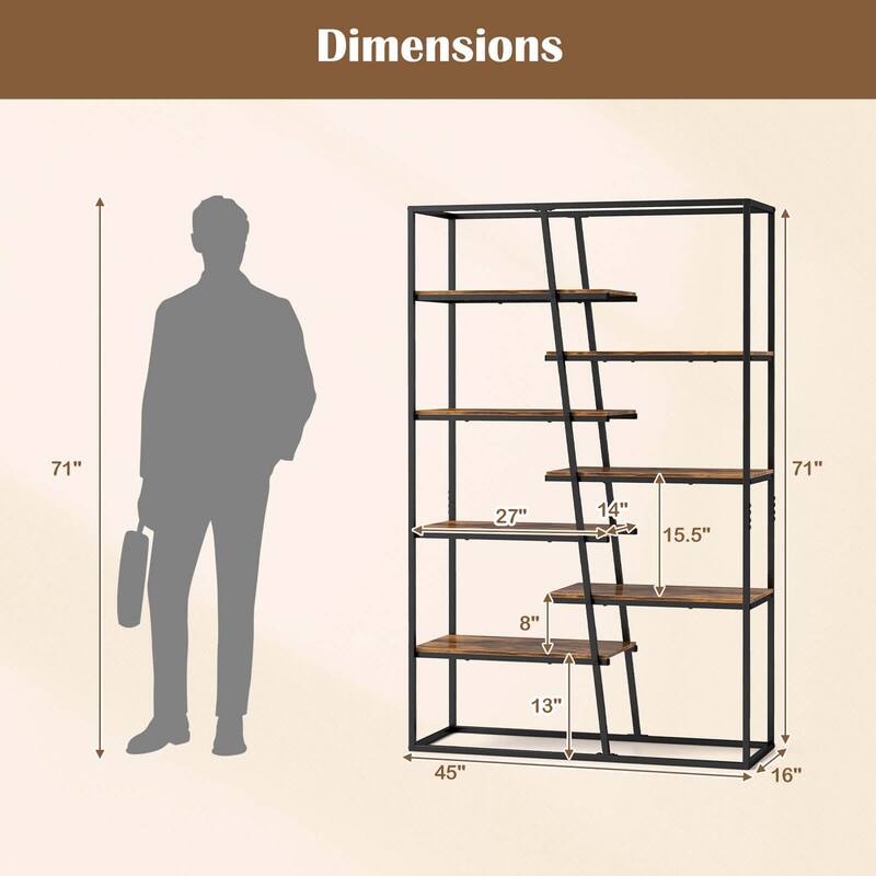 Costway 71" Tall Bookshelf with Heavy-duty Metal Frame 7-Tier - Rustic Brown + Black - See Details