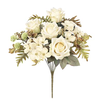 Set of 2 Cream Ivory Artificial Mixed Tea Rose Hydrangea Berry Flower Stem Bush Bouquet 15in - 15" L x 9" W x 9" DP