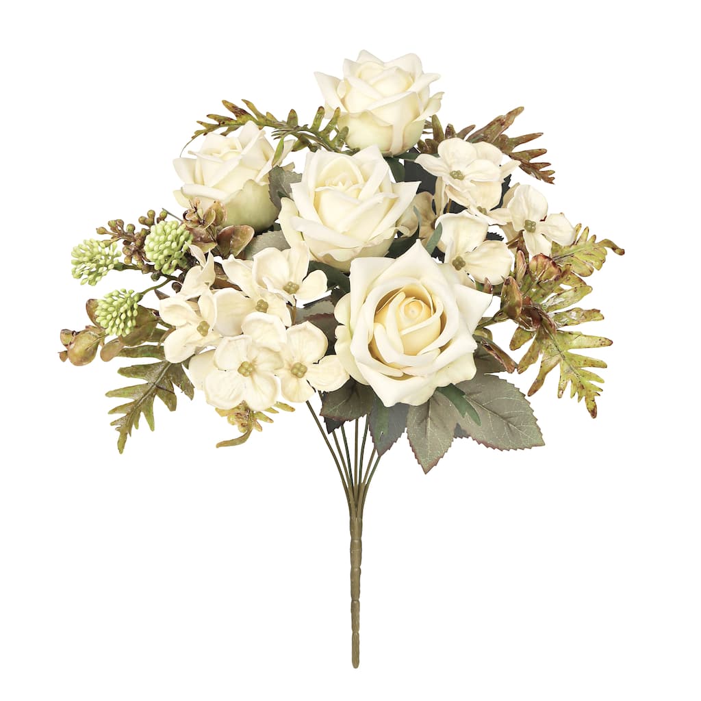 Set of 2 Cream Ivory Artificial Mixed Tea Rose Hydrangea Berry Flower Stem Bush Bouquet 15in - 15" L x 9" W x 9" DP