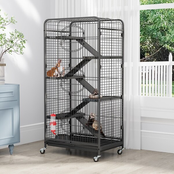 52 Inch Metal Ferret Cage Small Animal Cage with Rolling Stand Indoor Outdoor for Squirrel Bunny Cat Rabbit Black