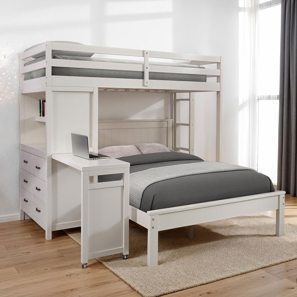 slide 2 of 7, Furniture of America Elyra Modern Twin Over Full 3-in-1 White Solid Pinewood Loft Bed with Bookcase, Desk and USB Port White