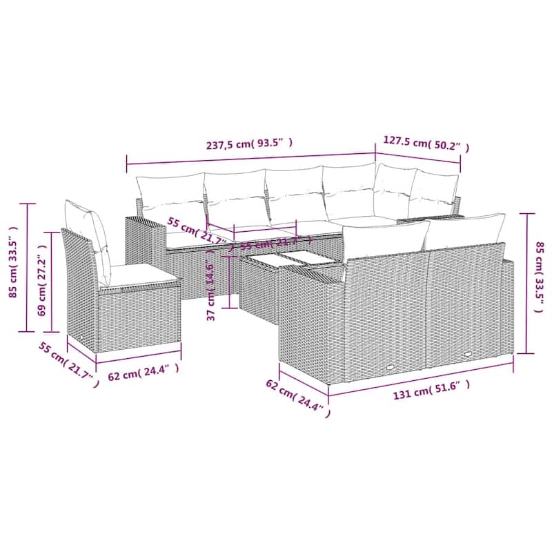 vidaXL Patio Sofa Set with Cushions Outdoor Furniture 8 Piece Poly Rattan