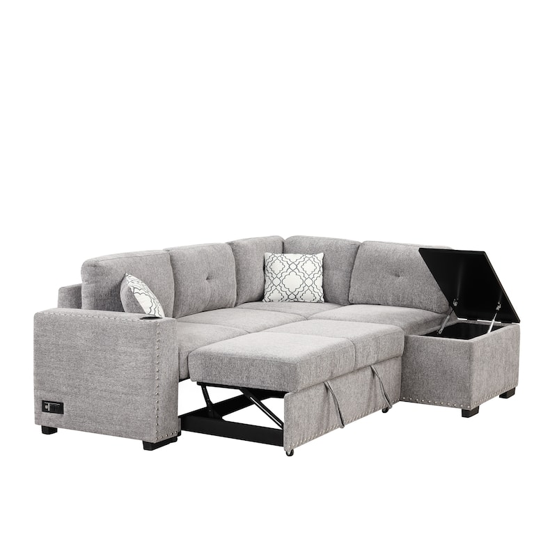 83.8-inch L-shaped Pull-Out Sectional Sofa Bed with Storage Chaise, USB Ports, Power Sockets, and Cup Holder