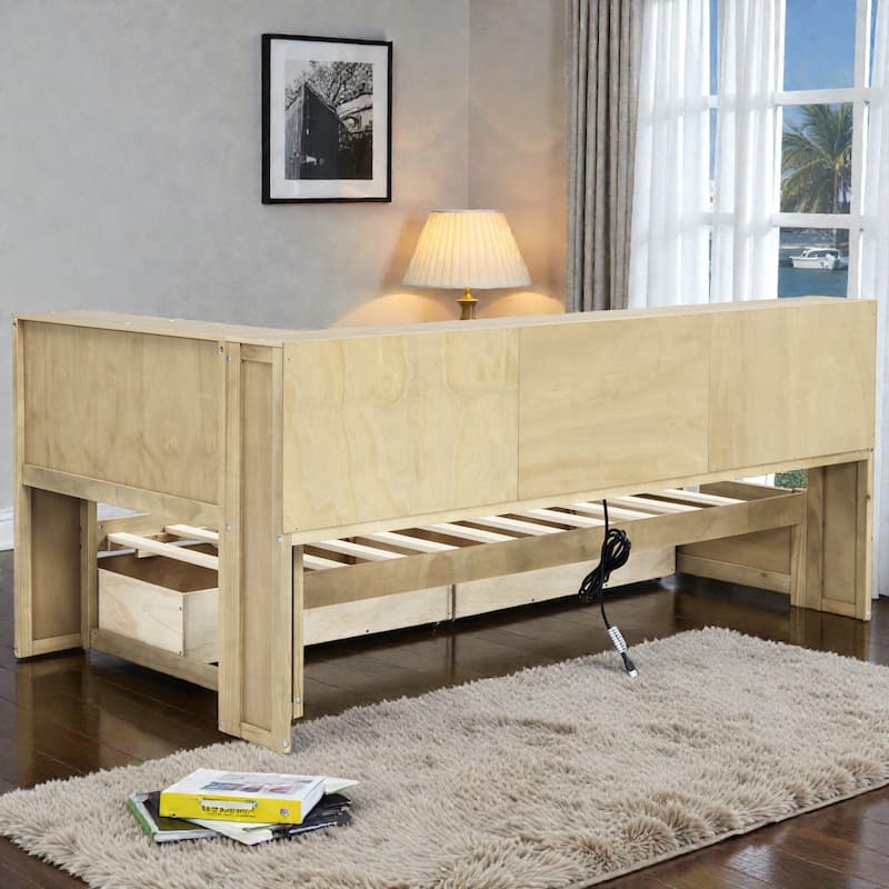 Twin Size Daybed with Storage Drawers, Side Cabinets and USB Ports, Wood Daybed Frame with Charging Station
