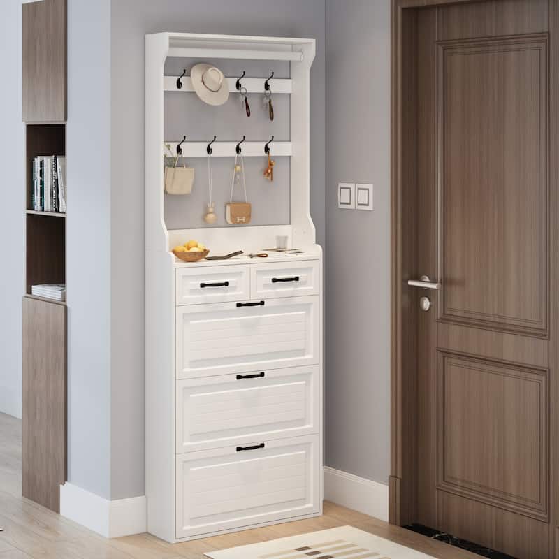 Wood Shoe Storage Cabinet 24-Pair Foldable Compartments Shoe Cabinet with 2-Drawer,3 Flip Drawers & Hanger