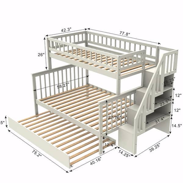 dimension image slide 1 of 2, Convertible Bunk Bed with Trundle, Storage, Safety Guardrails, Modern Design for Kids