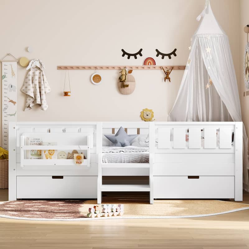 Multiple Colors Toddler Montessori Bed Children's Platform Bed with Low Profile Stairs, Built-in Bookshelf and Storage Drawers