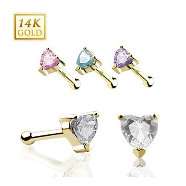 14 Karat Solid Yellow Gold Prong Heart CZ Nose Stud Ring - 20 GA (Sold Ind.)