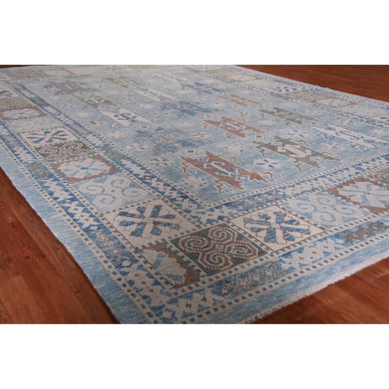 Hand Knotted Oriental 100% Wool Carpet Transitional Geometric Navy Blue & Blues Oushak Area Rug - 11' 2'' X 7' 11''