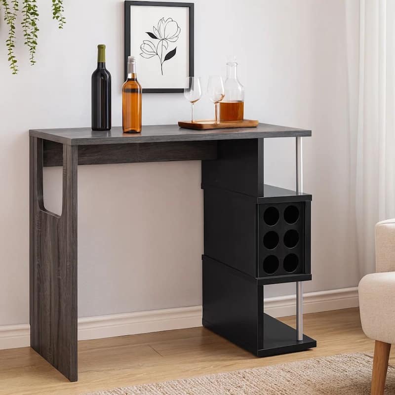Transitional Style Wooden Bar Table with 3 Tier Side Shelves, Gray