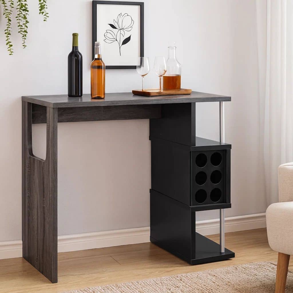 Transitional Style Wooden Bar Table with 3 Tier Side Shelves, Gray