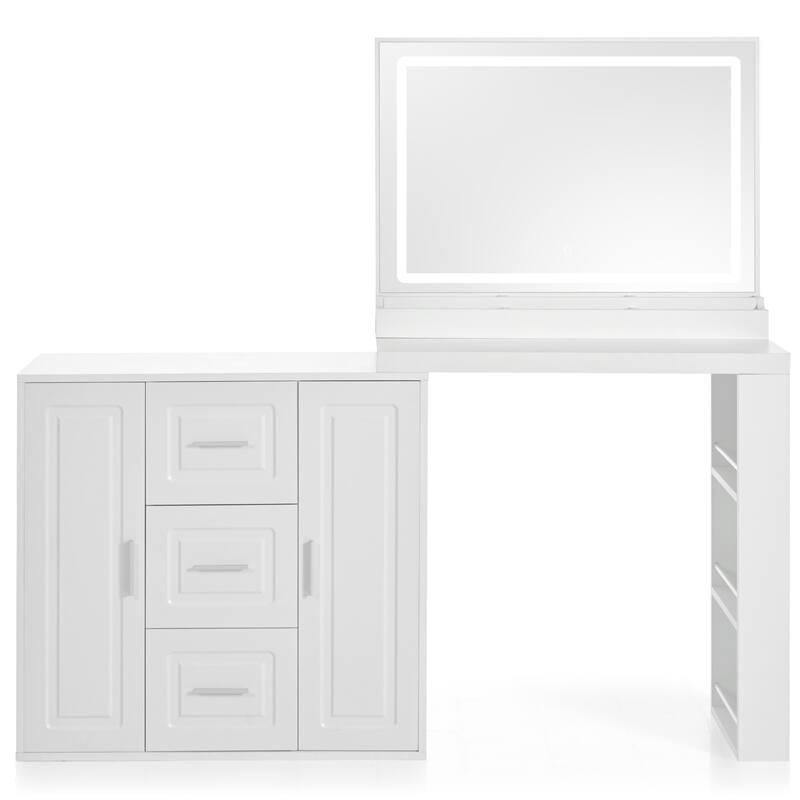 59" Makeup Vanity Desk with Square Vanity Mirror with Lights, Wooden Dressing Table with Storage Shelves for Bedroom