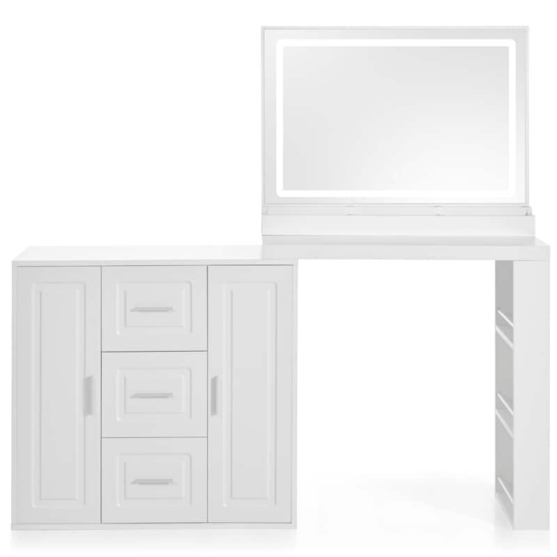 59"Makeup Vanity Desk with Mirror,Vanity Mirror with Lights,Dressing Table with 3 Drawers and 2 Cabinets,Storage Shelves