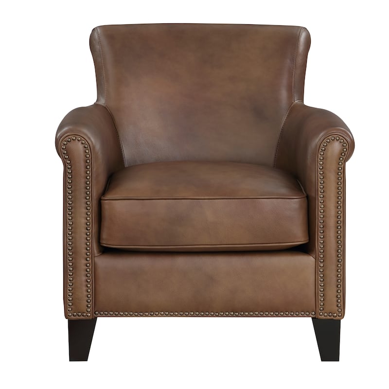 Tria 35 Inch Accent Chair, Brown Top Grain and Split Leather, Solid Wood