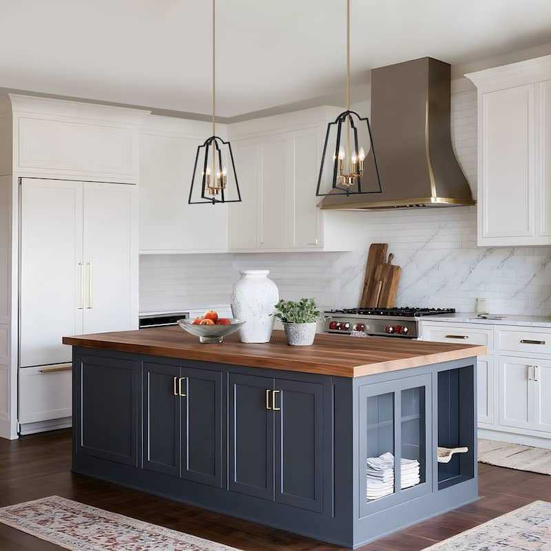 Modern Farmhouse Black Gold 4-Light Lantern Geometric Chandelier Candle Kitchen Island Pendant Light - 14" W x 17.5" H