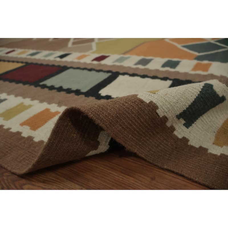 Hand Woven Oriental 100% Wool Carpet Southwestern Tribal Brown Kilim Area Rug - 14' 3'' X 11' 10''