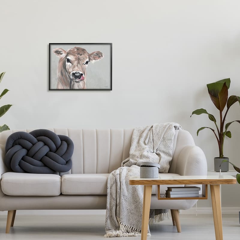 Stupell Cute Baby Farm Cow Calf Licking Lips Portrait Framed Wall Art - Grey